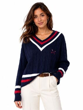Vintage IZOD Golf Cable Knit V-Neck Sweater Preppy Navy Medium Logo